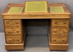 CIRCA 1900 MAHOGANY TWIN PEDESTAL DESK, the top with three section gilt tooled leather inserts,