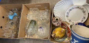 VINTAGE & LATER GLASSWARE, large Jasperware planter, decorative wall plates, pottery 'hen on nest'