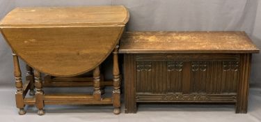 OAK GATELEG DINING TABLE and a lidded blanket chest with carved front detail, 73cms H, 91.5cms L,