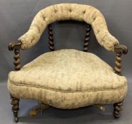 VICTORIAN ROSEWOOD PARLOUR CHAIR with barley twist supports and button upholstered top rail, 66cms