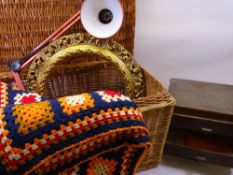 MIXED COLLECTABLES & HOUSEHOLD GOODS to include a large, lidded wicker basket, gilt circular