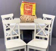 IKEA WHITE PAINTED DRAWLEAF DINING TABLE & FOUR CHAIRS along with a kit form Windsor style armchair,