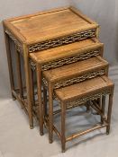 20TH CENTURY CHINESE HARDWOOD TABLE QUARTETTO with carved frieze detail, 61cms H, 48cms W, 36cms D