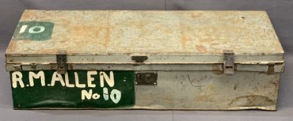 VINTAGE LONG LIDDED TIN TRUNK with carry handles, 27cms H, 108cms L, 41cms D