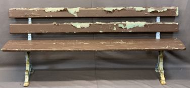 VINTAGE WOODEN GARDEN BENCH on decorative cast iron supports, 73cms H, 183cms L, 42cms overall D