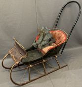 CIRCA 1900 CHILD'S DOG PULL SLEIGH/SLEDGE and a pair of ice skates, the sledge with painted detail