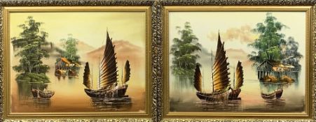 OILS ON BOARD, a pair of Chinese junks and fishermen, signed indistinctly, 48 x 65cms