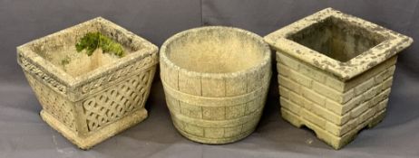 THREE RECONSTITUTED STONE GARDEN PLANTERS including a barrel effect example, 32cms H, 43cms