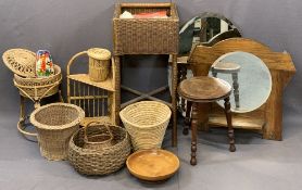 WICKER BASKETS, vintage wall mirrors and a circular top three legged stool, the tallest basket