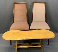 RUSTIC TYPE KNOTTY PINE COFFEE TABLE and two modern mahogany upholstered side chairs, 44cms H,