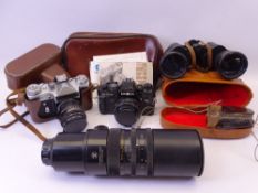 PHOTOGRAPHY - Zenit-e cased camera, Minolta X-700, light meter and a USSR made long lens marked '