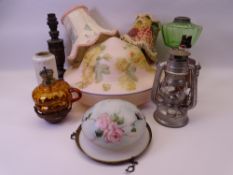 VINTAGE FONDANT GLASS FLORAL DECORATED LAMP SHADE, 35cms diameter and a parcel of other vintage