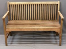 TEAK SLATTED GARDEN BENCH, 85.5cms H, 121.5cms W, 45.5cms seat D
