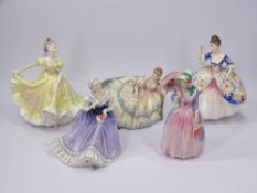 ROYAL DOULTON FIGURINES (5) - Ninette HN2379, 22cms H, Happy Anniversary HN3097, Miss Demure,