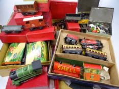 HORNBY MECCANO TINPLATE CLOCKWORK TRAIN SETS (2) with engines, carriages and rolling stock,
