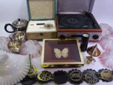 HORSE BRASSES, electroplate tea service ware, vintage lighting, a framed butterfly, vintage wireless
