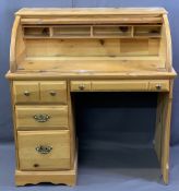 MODERN PINE TAMBOUR FRONT KNEE-HOLE DESK the top interior with an arrangement of pigeonholes over