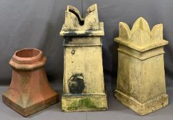 VINTAGE CHIMNEY POTS (3) including two castellated top examples, 78 and 66cm heights and a small