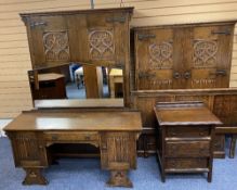 PRIOR STYLE OAK THREE PIECE BEDROOM SUITE, headboard and a small three drawer chest, the suite