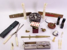 VINTAGE ASSORTMENT, curlers, inkwells, bone figures, spirit levels, mother of pearl box and other