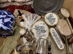 BRASS PEN STAND, fans, dressing table items, pewter, plaque ETC