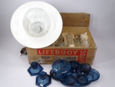 VINTAGE OIL LAMP CHIMNEYS, a quantity in a Lifebuoy Soap box, ceiling lamp and a blue cloud glass