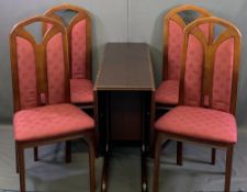 REPRODUCTION MAHOGANY DINING SUITE of drop-leaf table and four chairs, 73.5cms H, 100cms L, 34cms