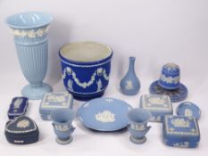 WEDGWOOD JASPERWARE PLANTER 16cms tall, 18cms diameter, other Blue & White Wedgwood Jasperware and a