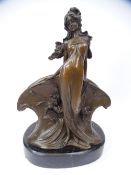 AFTER CLAUDE MIRVAL REPRODUCTION BRONZE ART NOUVEAU LADY LETTER RACK mounted on a black marble