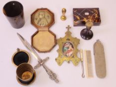 19TH CENTURY FRENCH PORCELAIN MADONNA & CHILD PLAQUE IN BRASS FRAME, Regency tortoiseshell trinket