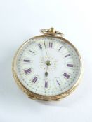 A LADY'S 14CT GOLD FOB WATCH with floral decorated back and pink and gilt decorated dial with