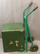 BURNSIDE SAFE, 57cms H, 50cms W, 43cms D along with a sack trunk