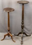 MAHOGANY PLANTER STANDS with circular tops on a tripod base (2), 108cms H, 30cms D the largest,