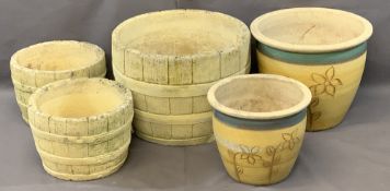 RECONSTITUTED STONE GARDEN PLANTERS (5) - three imitation barrel style, 31cms H, 43cms diameter, two