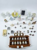 THIMBLE COLLECTION WITH RACK and a quantity of pin cushion dolls, and a boxed Waterford portrait