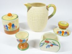 CLARICE CLIFF BIZARRE for Newport and Wilkinson's pottery, 5 pieces to include a squat