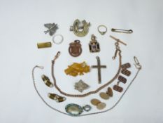 VICTORIAN IVORY CELLULOID HAND BROOCH, silver ring, rolled gold watch Albert, Odd Fellows fob