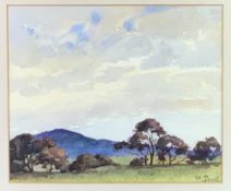 MIXED PAINTINGS & PRINTS, 7 items to include M SCOTT watercolour study of an open landscape, 22 x