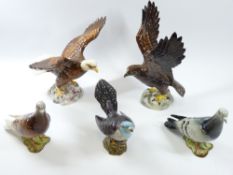 BESWICK PIGEONS/DOVES (2), a Golden Eagle, a Bald Eagle and a cuckoo (5 pieces), 26cms the tallest