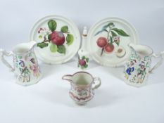 STAFFORDSHIRE PINK LUSTRE RELIEF MOULDED JUGS - a pair, 19cms tall, another pink lustre jug, 11cms