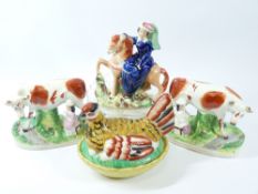 STAFFORDSHIRE POTTERY - The Queen flatback, 22cms H, a pair of cows and milk maid and a 'hen on