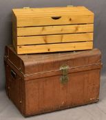 VINTAGE TIN TRUNK with brass lock and iron carry handles, along with a modern slatted pine box,