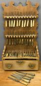 INTERESTING FRUITWOOD?? CUTLERY RACK & CONTENTS to include bone, horn and wooden handled forks and