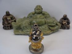 CARVED SOAPSTONE & OTHER COMPOSITION SEATED & STANDING BUDDHAS (4) - 20cms H, 38cms W, 20cms D the