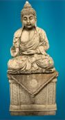 GARDEN STONEWARE - reconstituted statuary depicting a seated Buddhist figurine on a rectangular