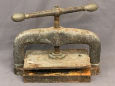 BOOK PRESS - large cast iron example with brass handles, 44cms H, 50cms W, 30cms D