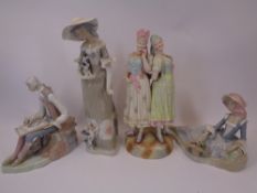 VICTORIAN & LATER PORCELAIN FIGURINES (4) - including a figural group of two young girls, seated