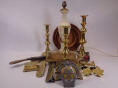 MIXED BRASS & OTHER HARDWARE COLLECTABLES - three round base brass candlesticks, Alabaster table