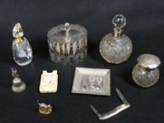 INDIAN WHITE METAL TRAY, silver top bottles, other white metalware and a carved ivory calling card