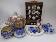 VICTORIAN TABLEWARE, biscuit barrels, later miniature dresser and contents, Flo Blue cheese dish and